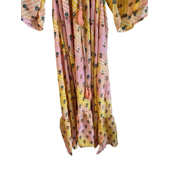 Zury Women’s Silk Blend Midi Dress Smocked Short Sleeve One Size Floral Yellow - Picture 4 of 6